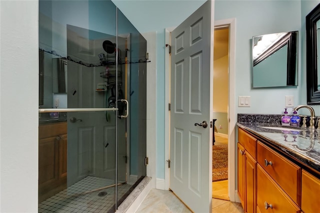 full bath featuring tile patterned flooring, a shower stall, and vanity