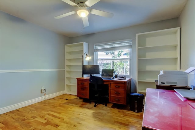 office space featuring a ceiling fan, light wood-style flooring, and baseboards