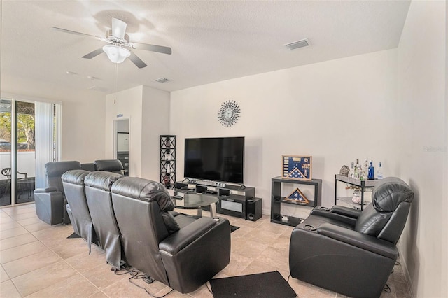 10604 Scenic Hollow Dr, Riverview, FL 33578 - living area with ceiling fan, a textured ceiling, and visible vents