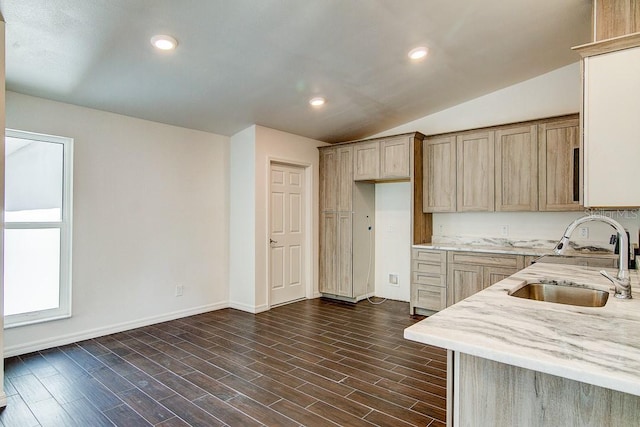 kitchen featuring vaulted ceiling, dark wood-style flooring, a sink, and recessed lighting