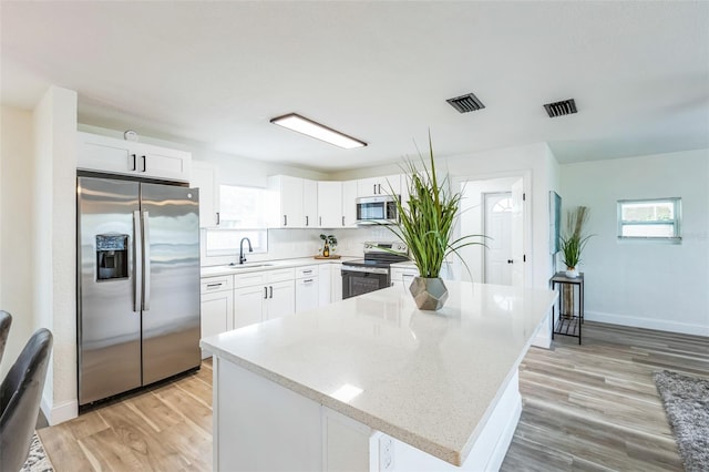 kitchen with stainless steel appliances, white cabinetry, a sink, and a kitchen island