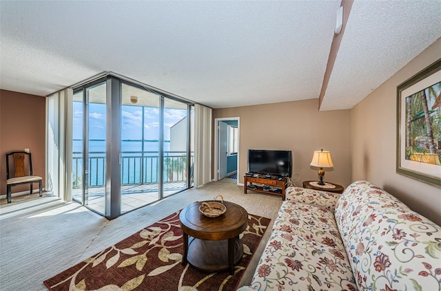 living area with a textured ceiling, a wall of windows, and carpet flooring