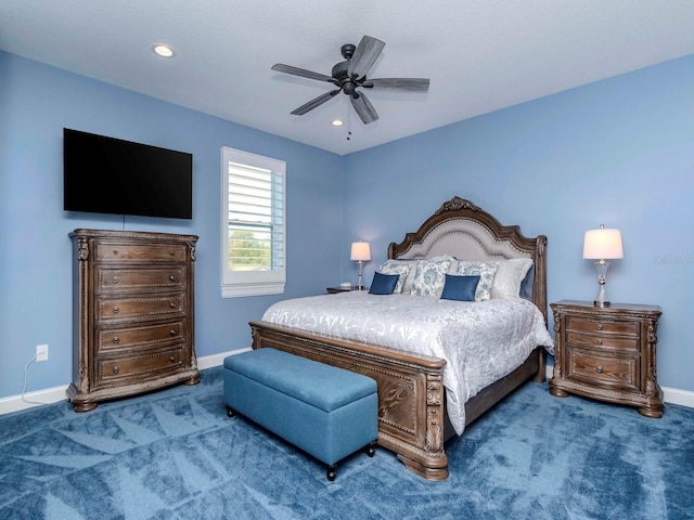 carpeted bedroom featuring ceiling fan, recessed lighting, and baseboards