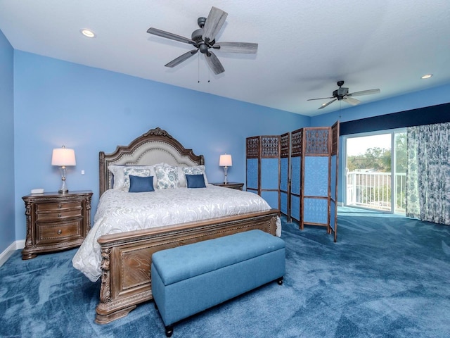 carpeted bedroom with baseboards, access to outside, a ceiling fan, and recessed lighting