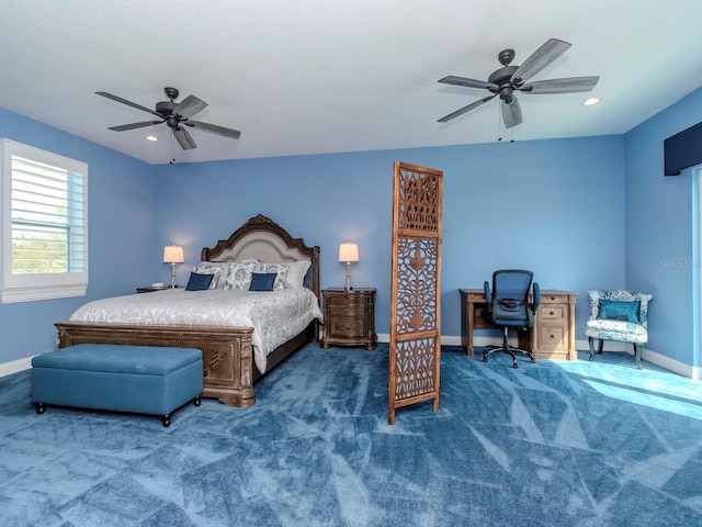 bedroom with carpet floors, recessed lighting, baseboards, and a ceiling fan