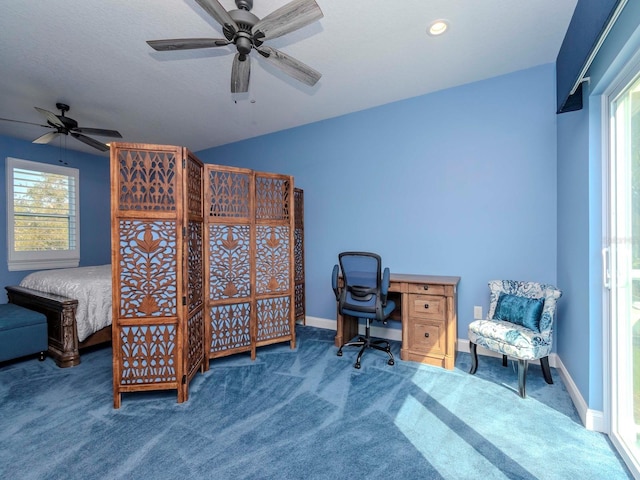 carpeted bedroom featuring recessed lighting and baseboards