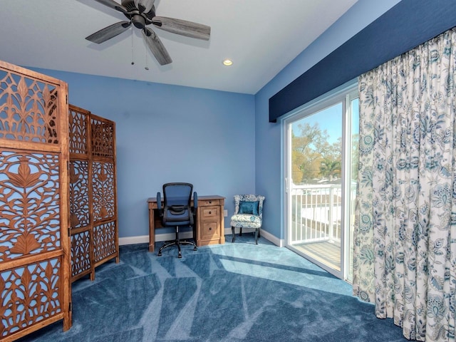 office space featuring ceiling fan, recessed lighting, carpet flooring, and baseboards