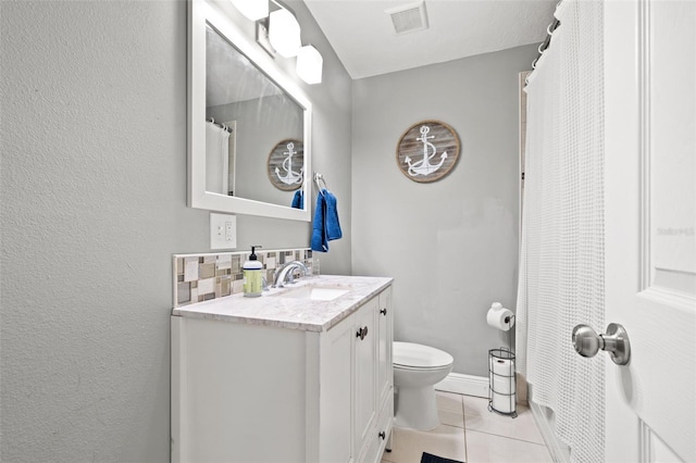 full bath featuring visible vents, baseboards, toilet, tile patterned flooring, and vanity