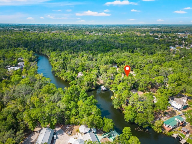 drone / aerial view featuring a water view and a forest view