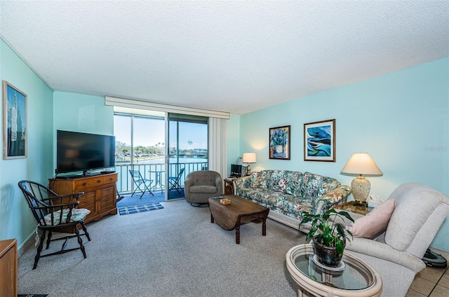 carpeted living room featuring a textured ceiling and a wall of windows