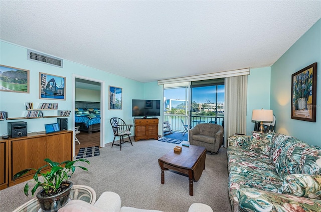 living area featuring a textured ceiling, carpet flooring, and visible vents