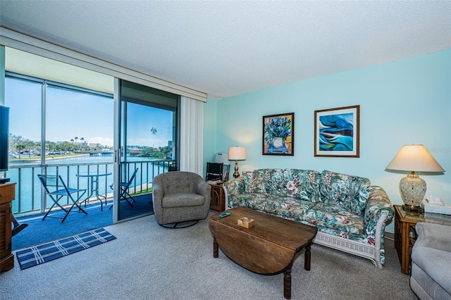 carpeted living area with a water view, a wall of windows, and a textured ceiling