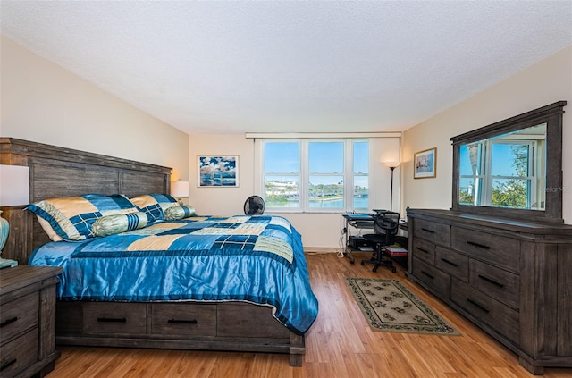 bedroom with multiple windows, a textured ceiling, and wood finished floors