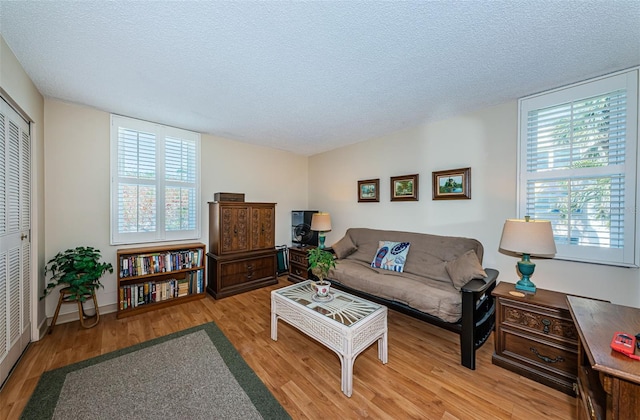 living room featuring light wood-style floors and a textured ceiling