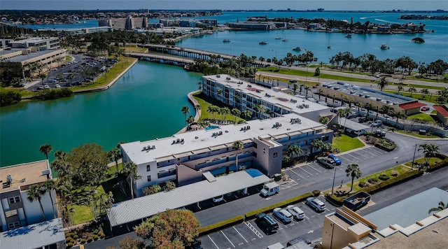 drone / aerial view with a water view