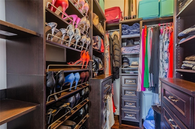 walk in closet with dark wood-style floors