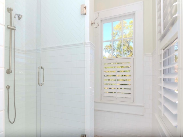 bathroom with a shower stall and a wealth of natural light