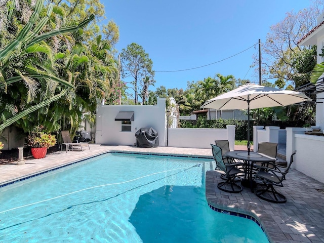 view of pool with a fenced in pool, a grill, and a patio area