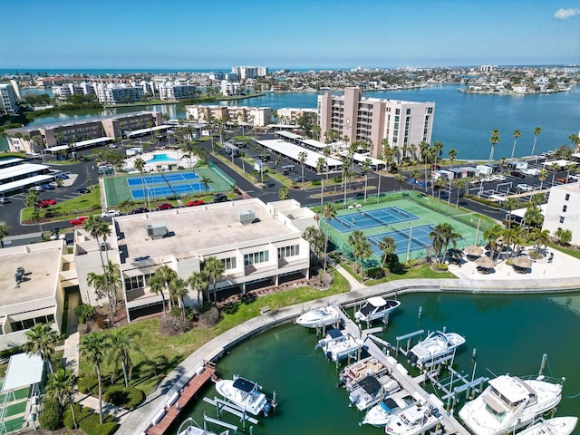 bird's eye view with a water view