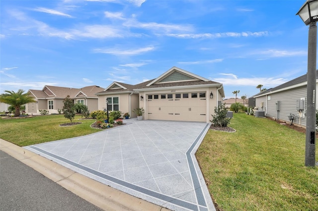 single story home with a front yard, central AC unit, an attached garage, stucco siding, and concrete driveway