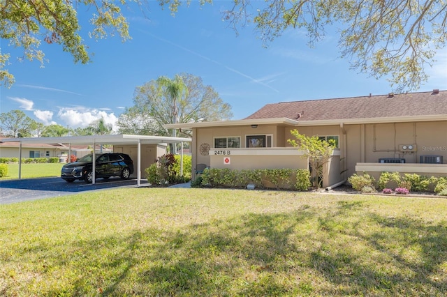 single story home with an attached carport, a front lawn, and stucco siding