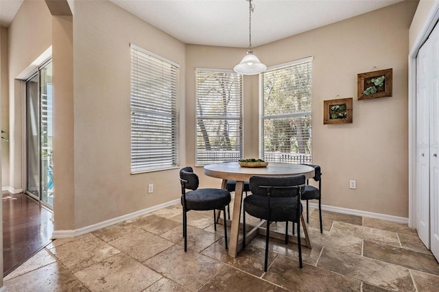 dining area featuring baseboards and stone tile flooring