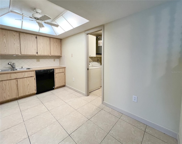 kitchen with a sink, light brown cabinets, decorative backsplash, and dishwasher