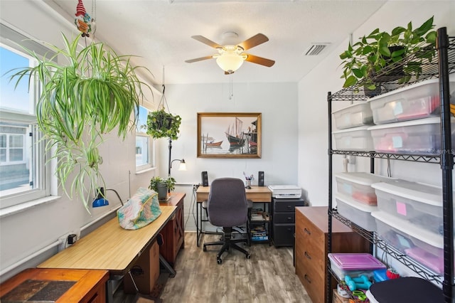 office space featuring visible vents, a textured ceiling, ceiling fan, and wood finished floors