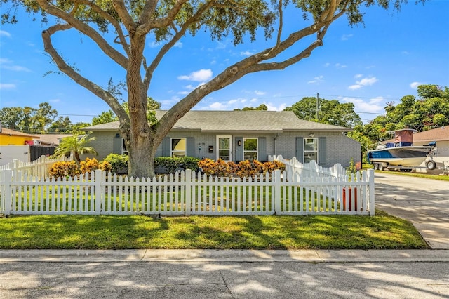 single story home with driveway, brick siding, a fenced front yard, and a front yard