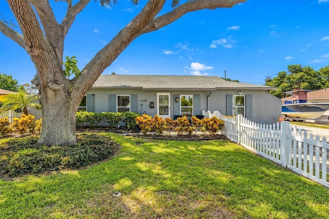 single story home with a fenced front yard, a front yard, and brick siding