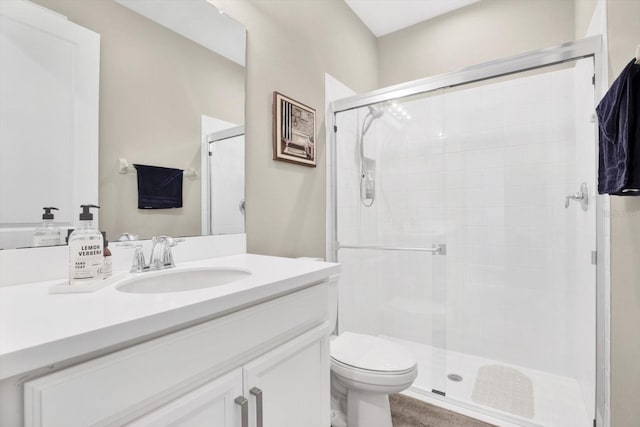 bathroom featuring a shower stall, toilet, and vanity