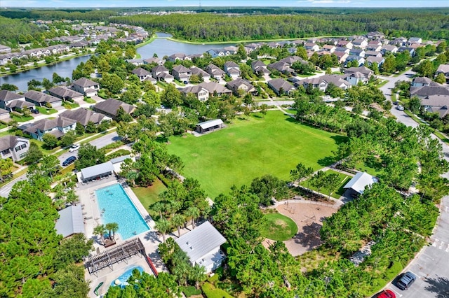 aerial view with a water view and a residential view