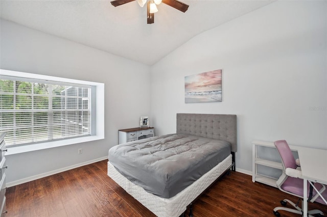 bedroom featuring ceiling fan, baseboards, vaulted ceiling, and dark wood-style flooring