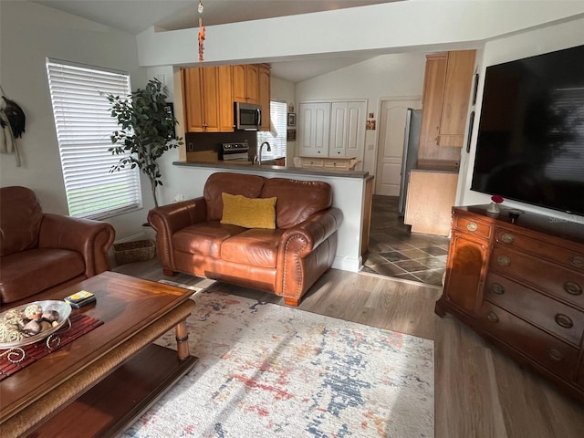 living room with vaulted ceiling and wood finished floors