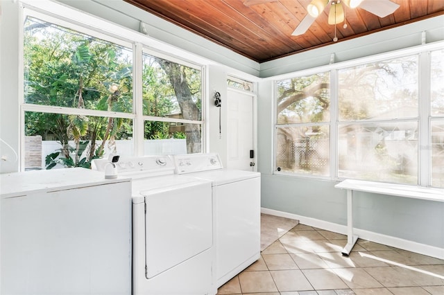 washroom with a wealth of natural light, wood ceiling, laundry area, and washer and clothes dryer