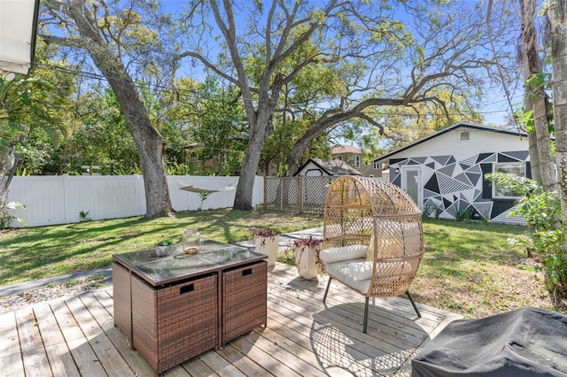 wooden deck featuring a yard and a fenced backyard