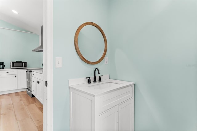 bathroom with two vanities, wood finished floors, and a sink