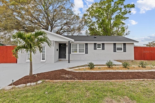 single story home with roof with shingles, fence, a patio, and stucco siding