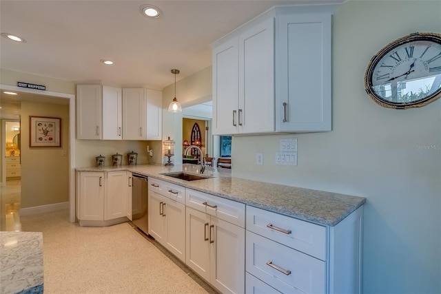 kitchen with recessed lighting, white cabinetry, a sink, and dishwasher