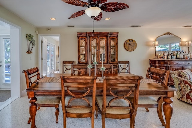 dining area with visible vents, light speckled floor, a ceiling fan, and recessed lighting