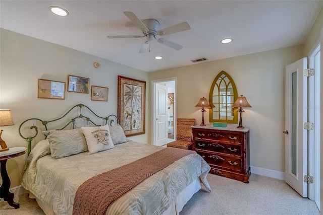 bedroom featuring carpet, visible vents, and recessed lighting