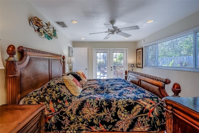 bedroom featuring access to exterior, french doors, recessed lighting, visible vents, and a ceiling fan