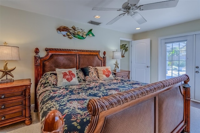 carpeted bedroom featuring access to outside, visible vents, ceiling fan, and recessed lighting