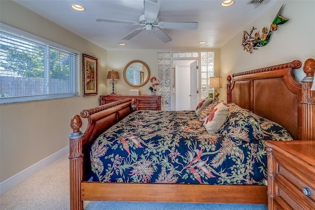 bedroom featuring a ceiling fan, recessed lighting, visible vents, and baseboards