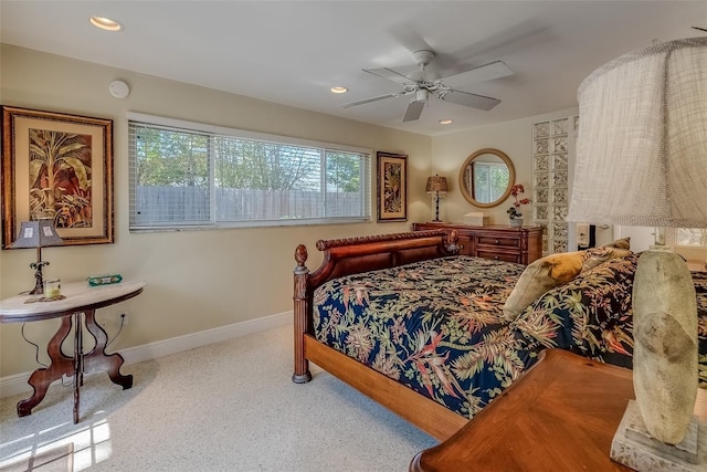 bedroom with baseboards, a ceiling fan, and recessed lighting