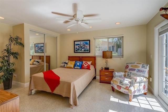 bedroom with baseboards, a ceiling fan, a closet, and recessed lighting