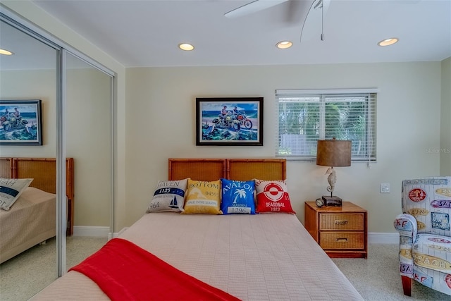 bedroom with recessed lighting, a closet, a ceiling fan, baseboards, and speckled floor