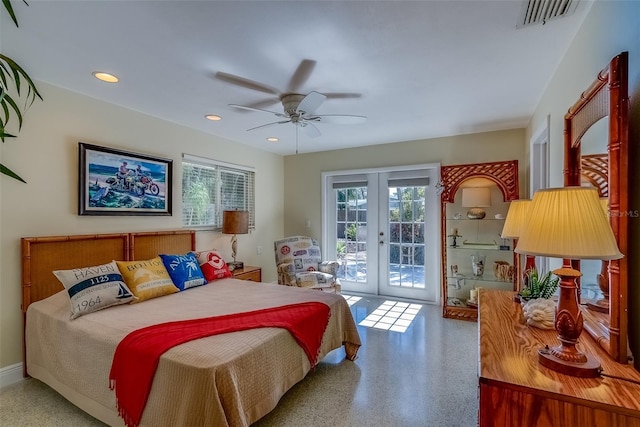 bedroom with recessed lighting, speckled floor, visible vents, access to exterior, and french doors