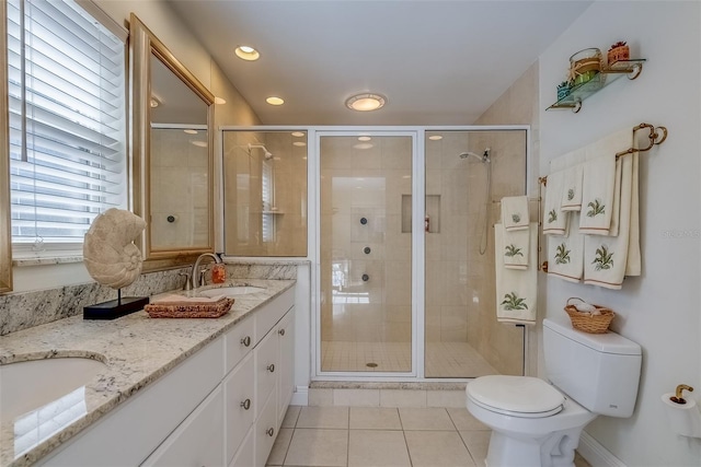 full bath with double vanity, a stall shower, toilet, tile patterned flooring, and a sink