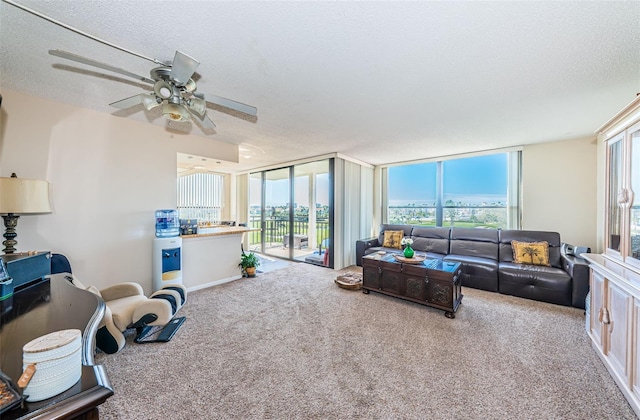 carpeted living room with a textured ceiling